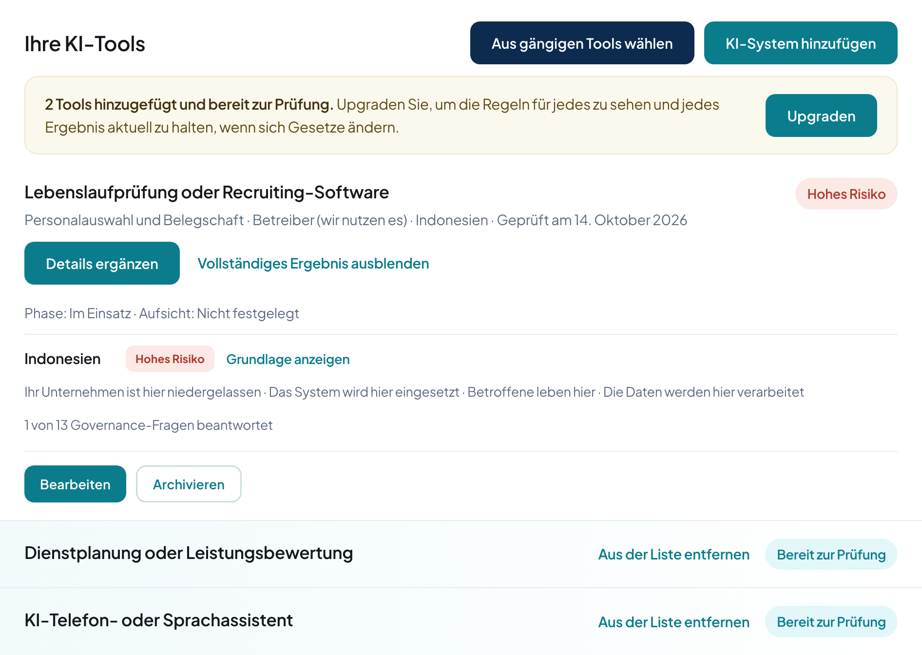 Ihre KI-Tools, jeweils mit Risikostufe nach Markt