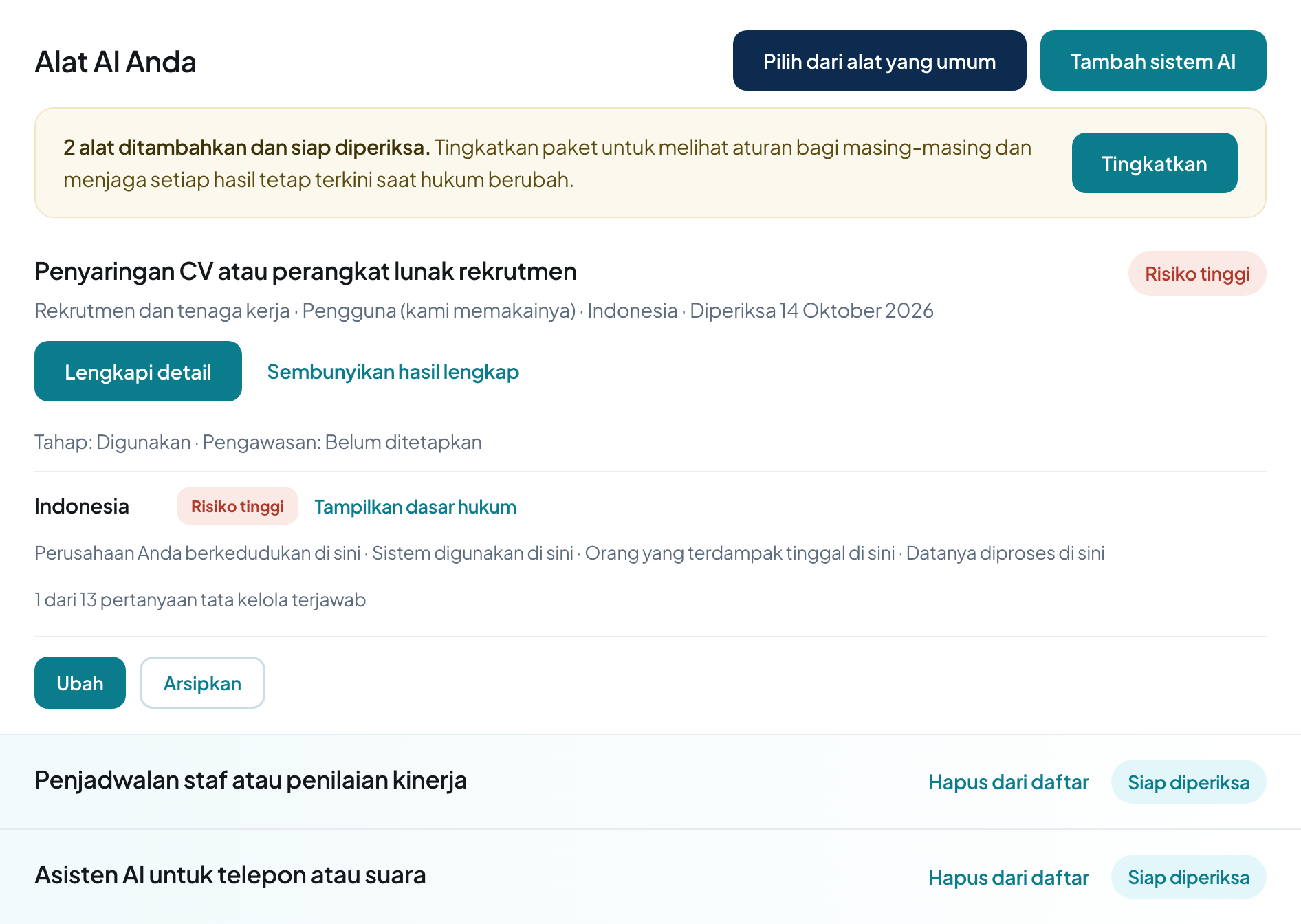 Alat AI Anda, masing-masing dengan tingkat risiko per pasar