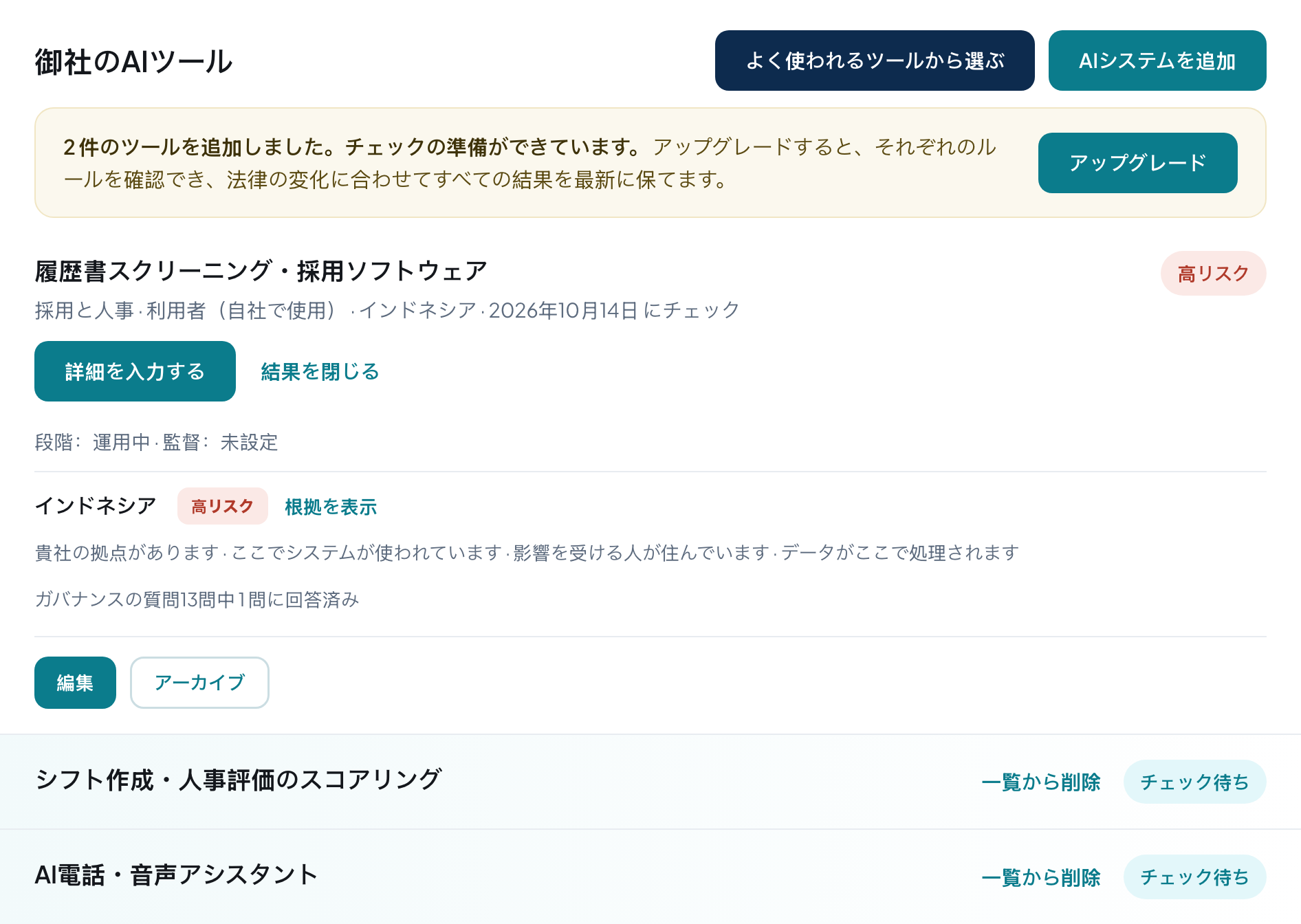 各AIツールと、市場ごとのリスクレベル