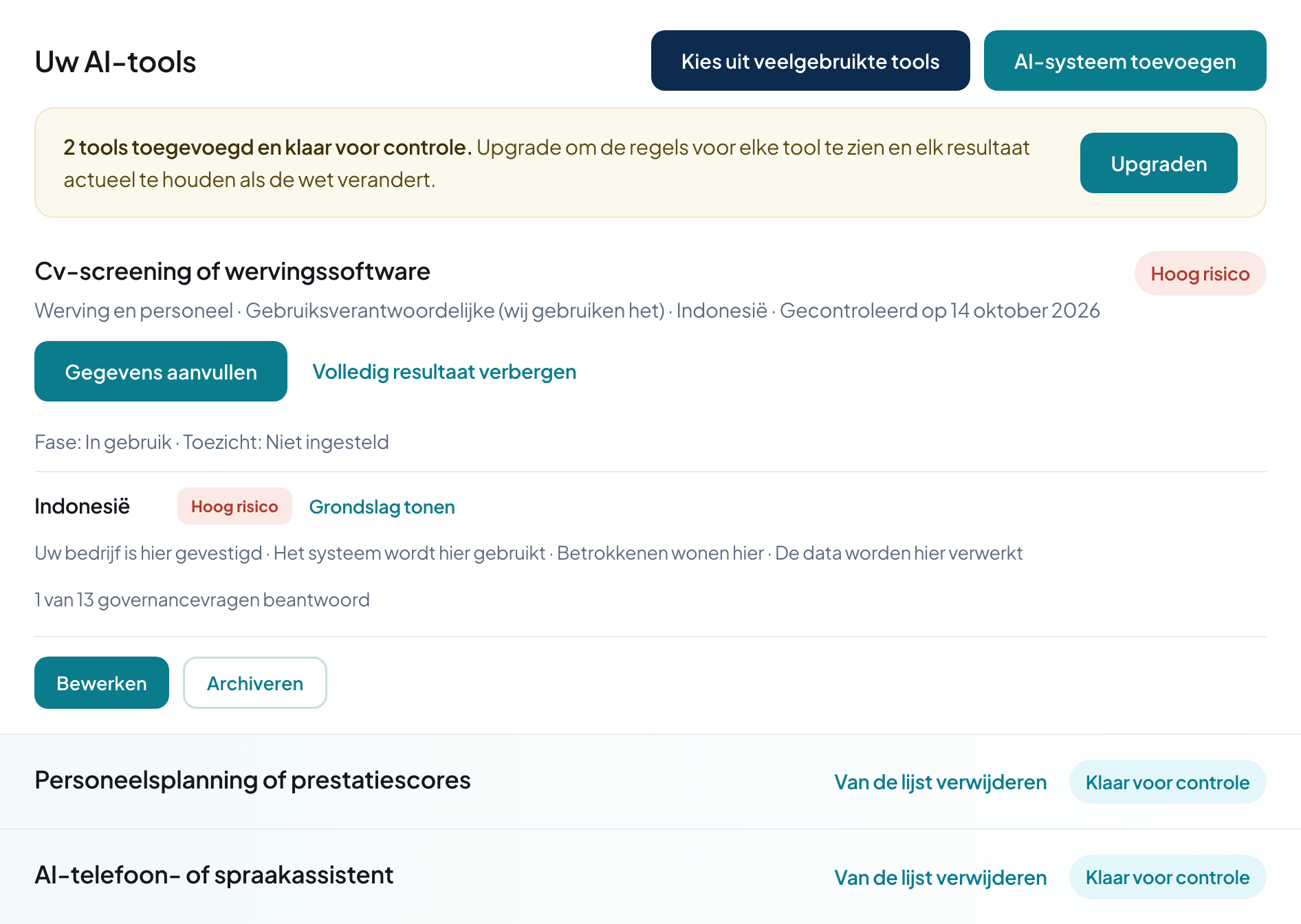 Uw AI-tools, elk met het risiconiveau per markt