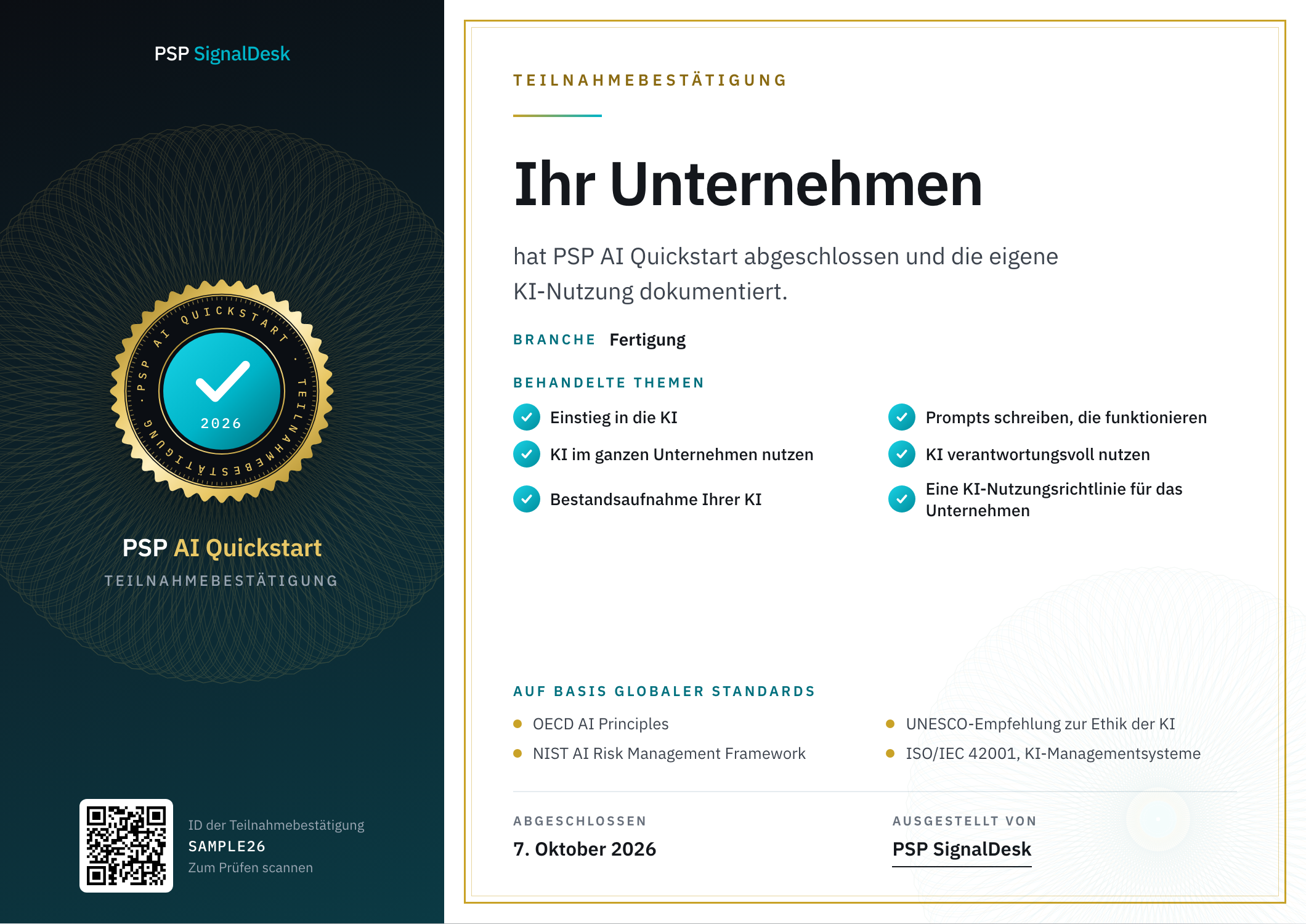 Ein Abschlusszertifikat des PSP AI Quickstart