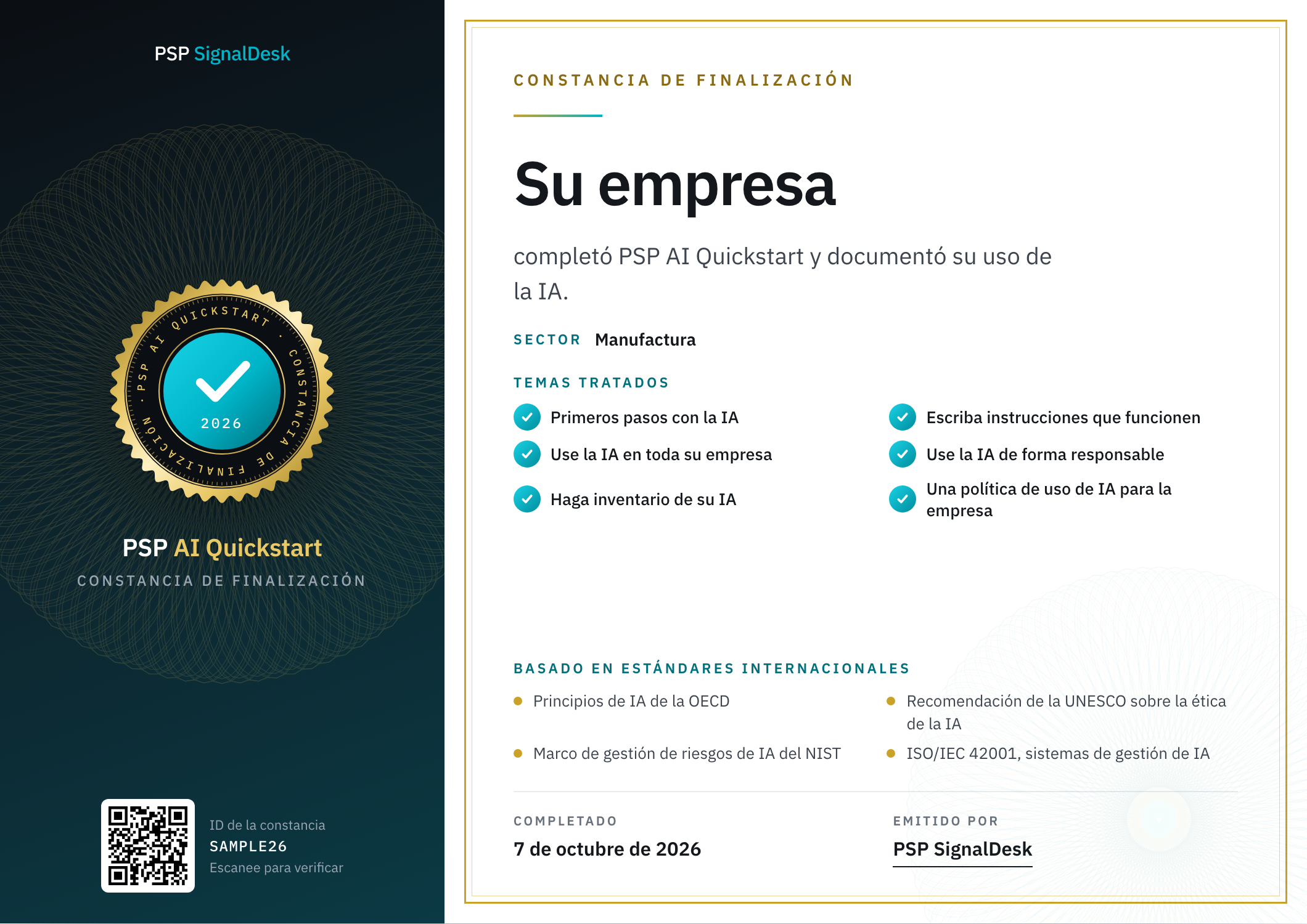 Un certificado de finalización de PSP AI Quickstart