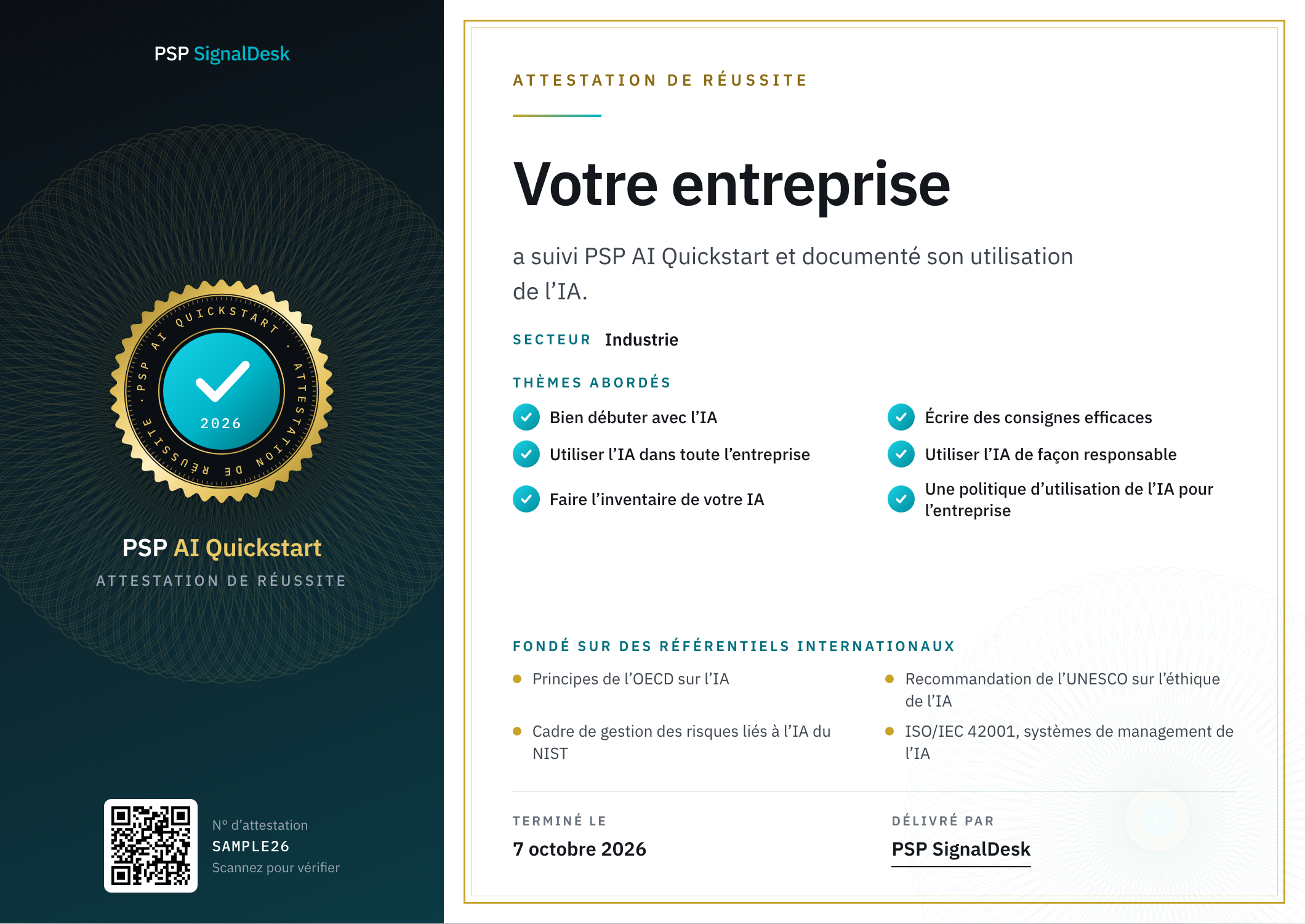 Un certificat de réussite PSP AI Quickstart