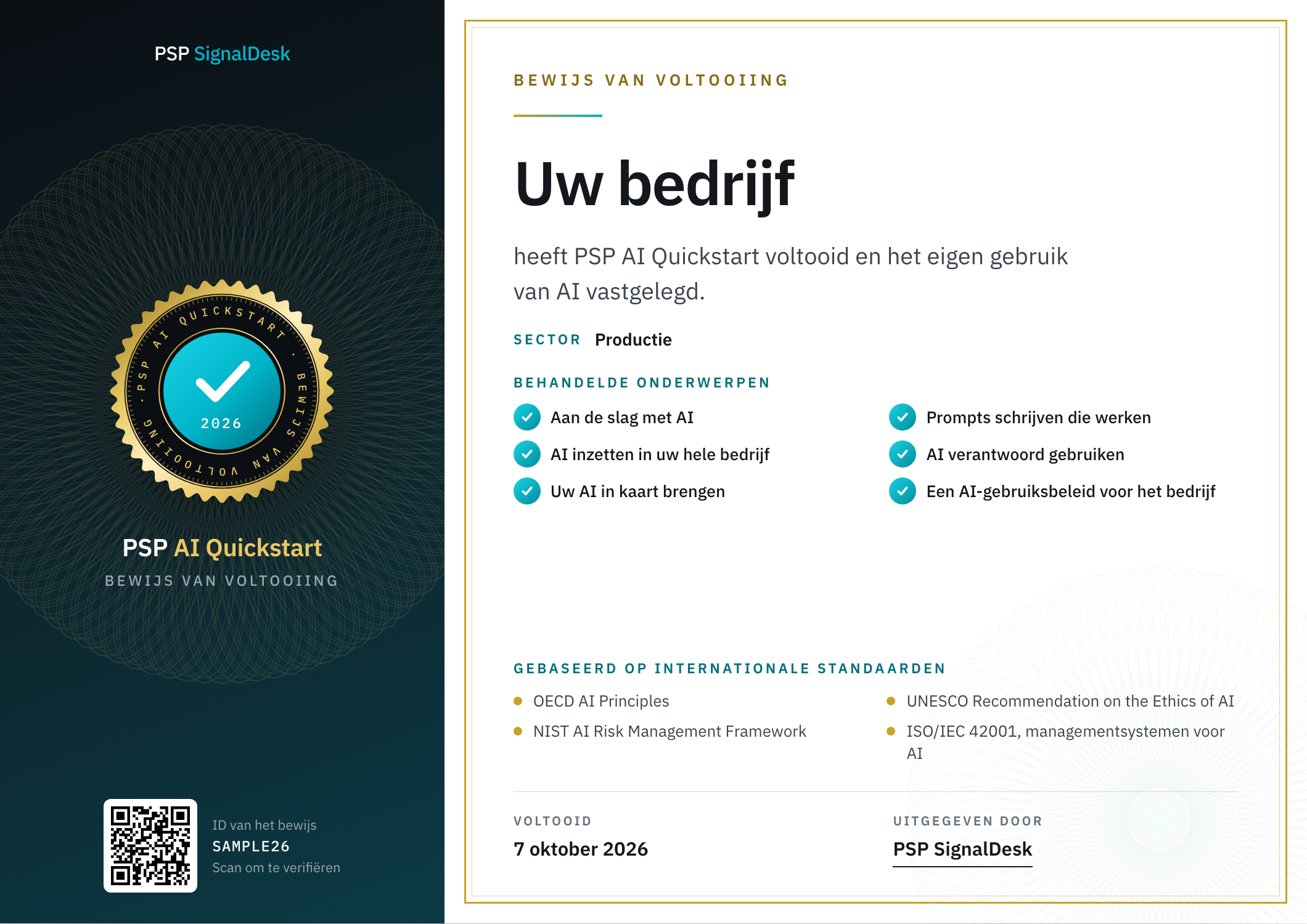 Een certificaat van voltooiing van de PSP AI Quickstart