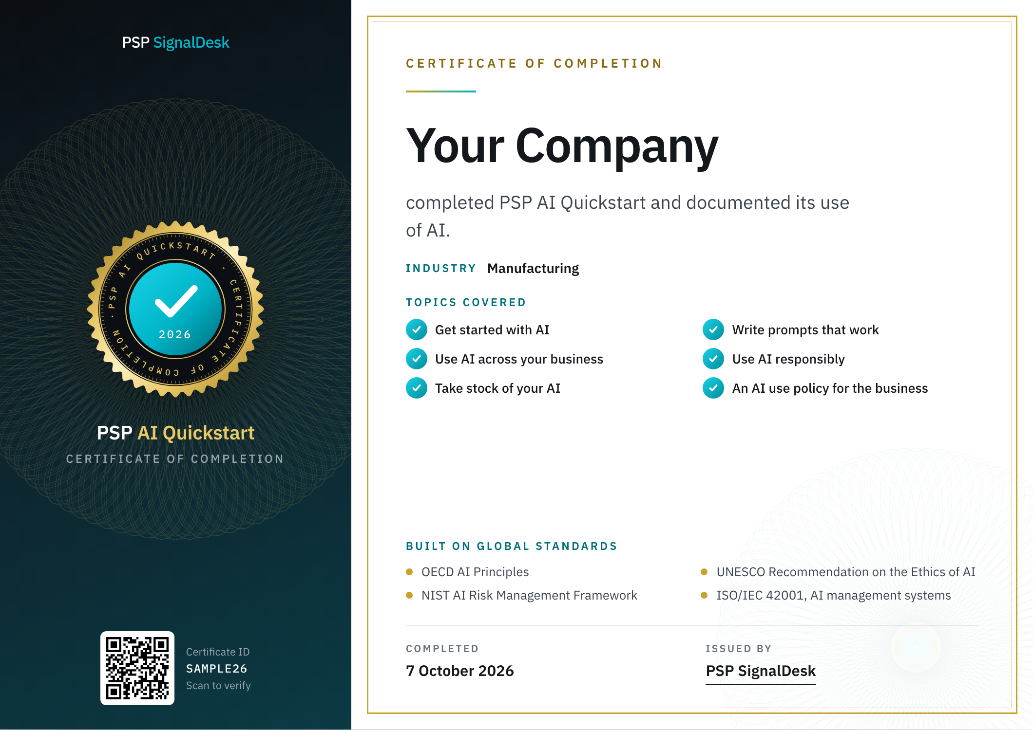 A PSP AI Quickstart Certificate of Completion